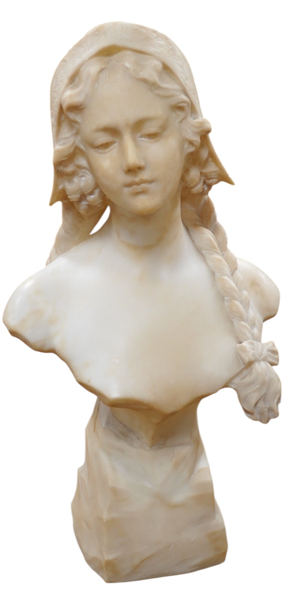 A French alabaster bust of a girl with long plait wearing a hat, signed on the back of pedestal, 54cm high. Condition - good